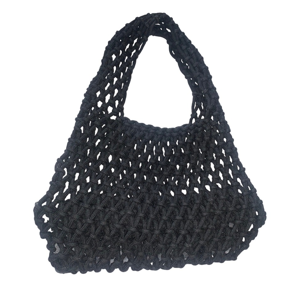 Black Macrame Woven Rope Tote Bag Faux Leather‎ Base Net Beach Market Hobo Bag